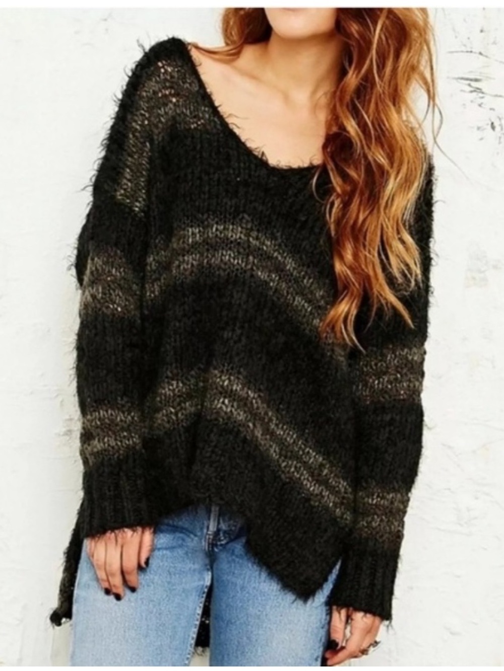 Free People Linus Stripe V-Neck Chunky Knit Sweater